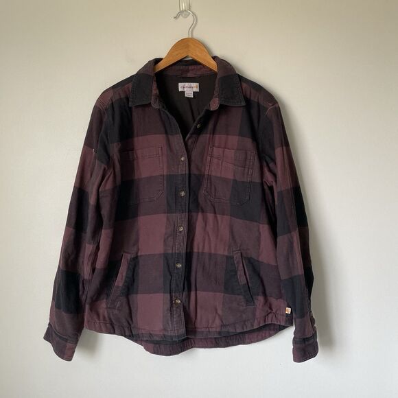 Carhartt Tops - Carhartt Fleece Lined Flannel Button Up Black Maroon Long Sleeve Women's Large